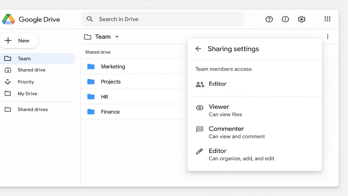 Google Drive con estructura de carpetas de equipo, archivos compartidos y panel de permisos de colaboración abierto
