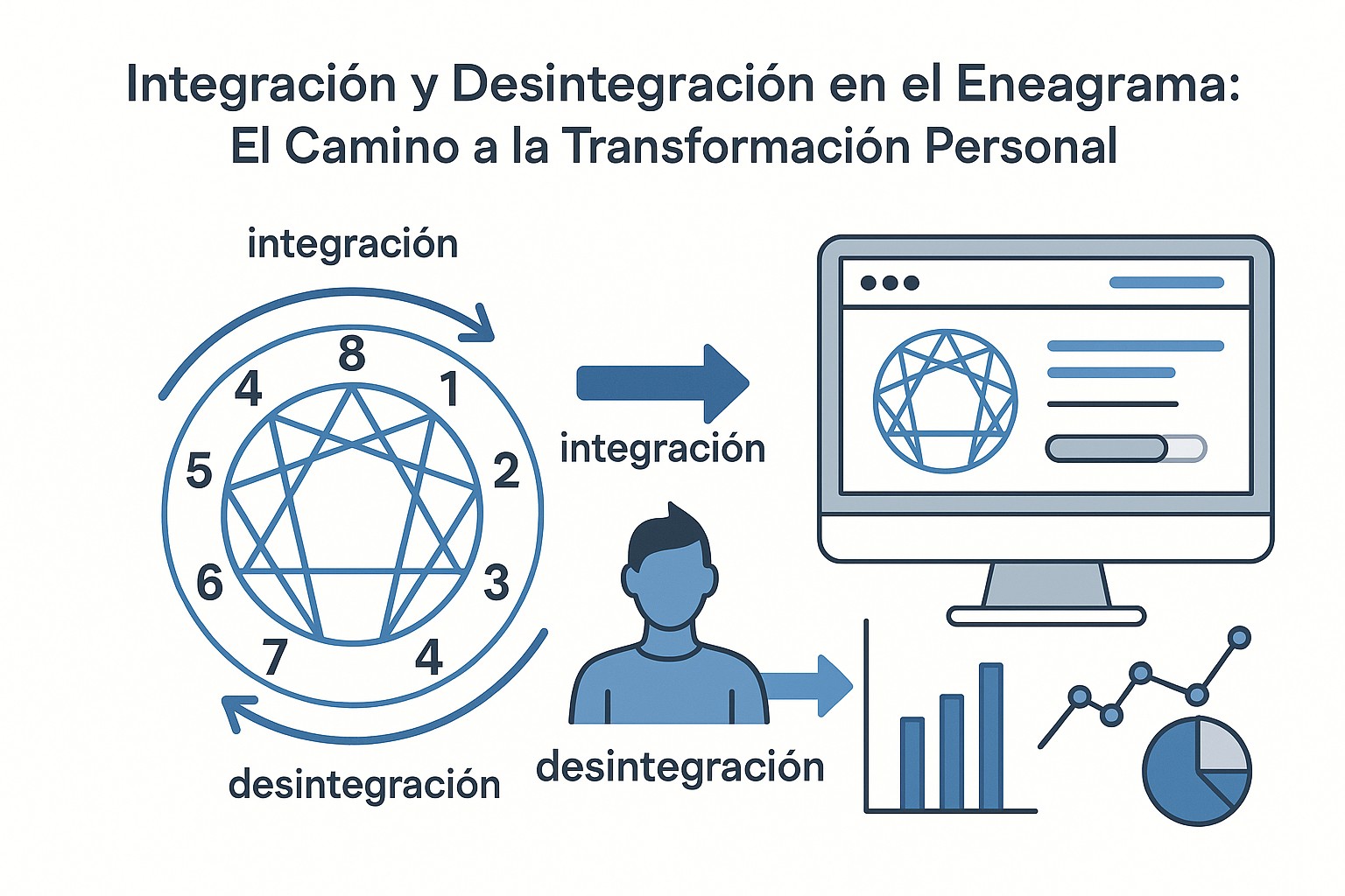 Dos caminos divergentes representados por flechas, una ascendente y otra descendente, ilustrando la integración y desintegración en el eneagrama.