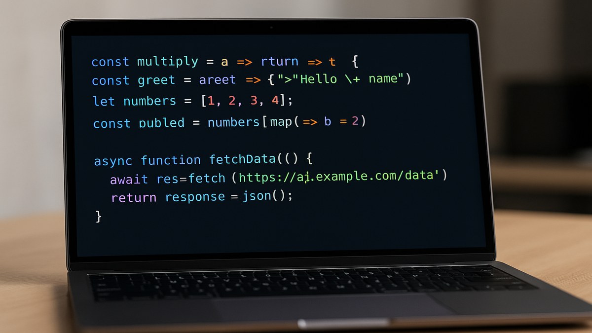 Pantalla de código JavaScript ES6 con funciones arrow, destructuring y async/await resaltados en colores