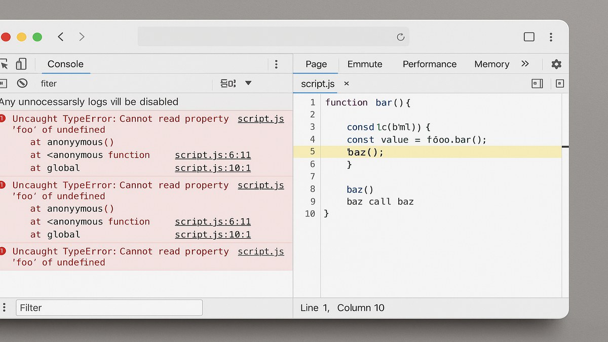 Chrome DevTools mostrando errores de JavaScript en consola con stack trace y código fuente resaltado