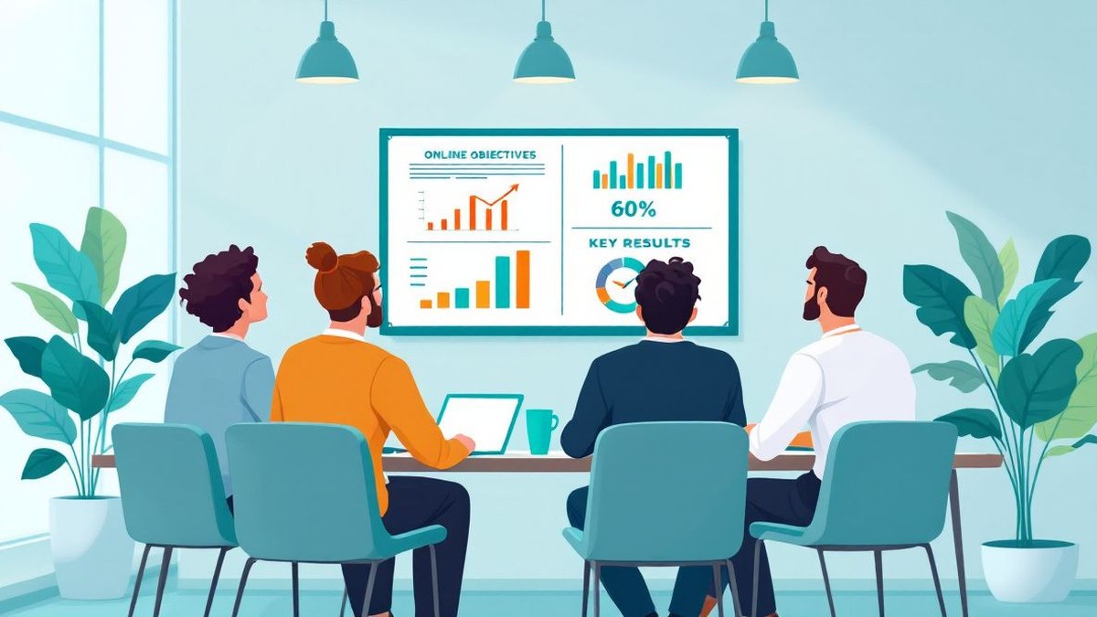 Equipo de trabajo revisando un tablero de objetivos y resultados clave en una reunión de seguimiento