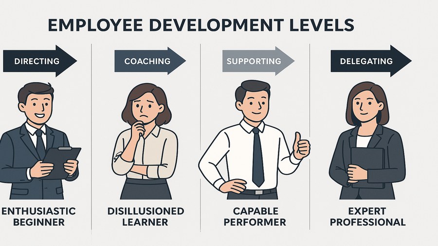 Diagrama de los niveles de desarrollo D1 D2 D3 D4 y los estilos de liderazgo correspondientes E1 E2 E3 E4