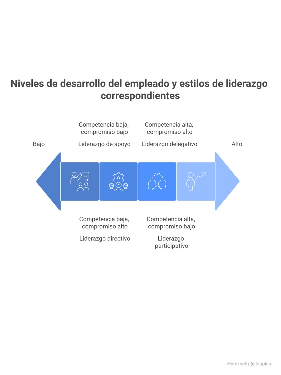 Infografía resumen del modelo de Liderazgo Situacional: 4 niveles D1-D4 y 4 estilos E1-E4 con sus características clave