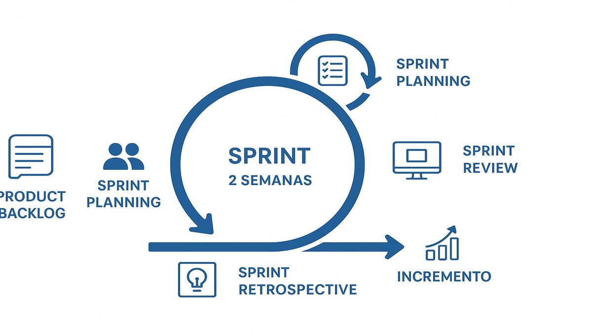 Diagrama del ciclo de Sprint de Scrum: Product Backlog, Sprint Planning, Sprint de 2 semanas, Daily Scrum, Incremento, Review y Retrospective