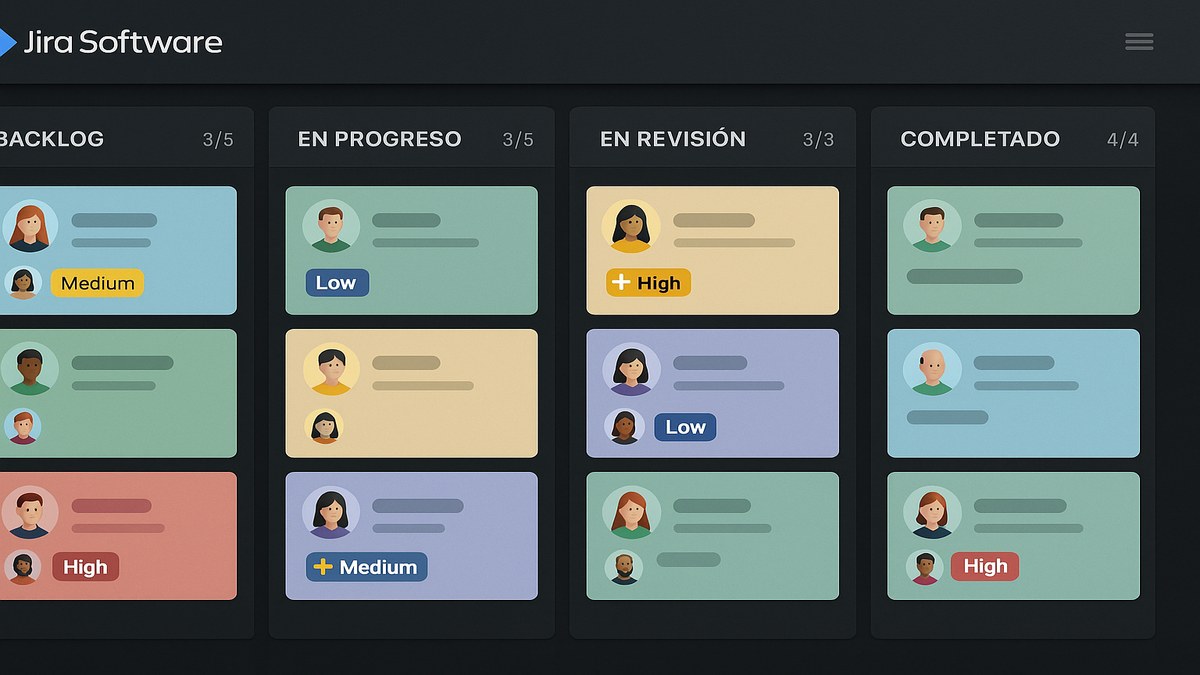 Tablero Kanban digital en Jira con columnas Backlog, En Progreso, En Revisión y Completado, con límites WIP visibles