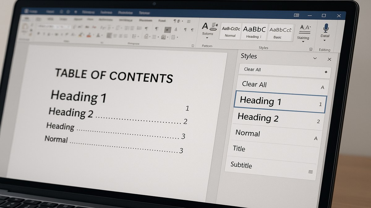 Panel de Estilos de Word aplicando Título 1, Título 2 y Normal a un documento con tabla de contenido generada automáticamente