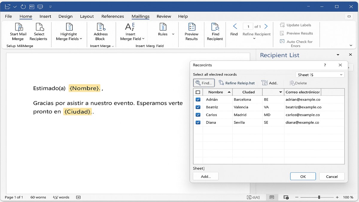 Función Combinar Correspondencia de Word: documento con campos de combinación resaltados y panel de destinatarios desde Excel