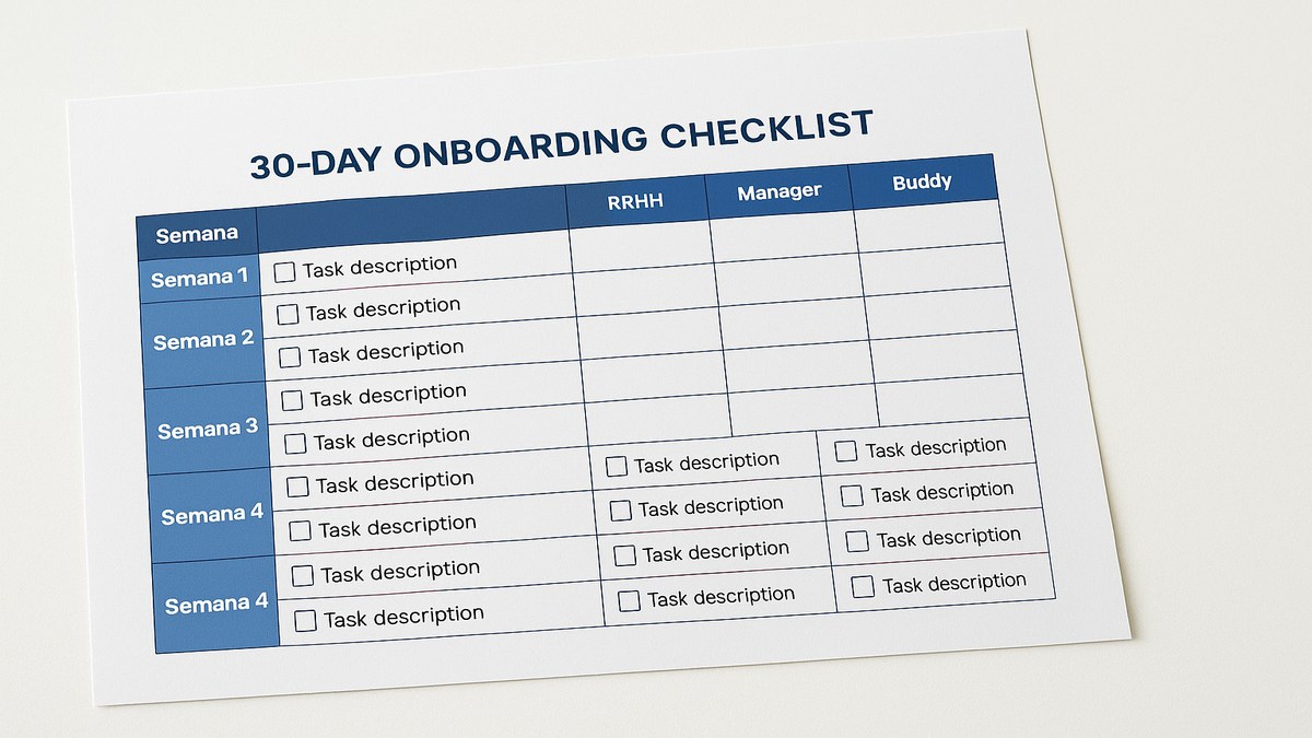 Checklist de onboarding de 30 días con tareas organizadas por semanas para RRHH y manager del nuevo empleado
