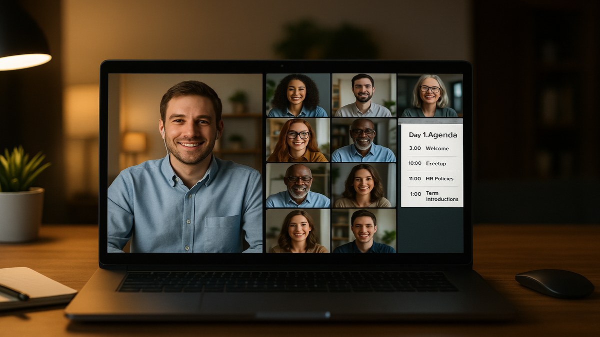Videollamada de onboarding remoto con nuevo empleado conectándose desde casa al equipo en pantalla compartida con agenda del día
