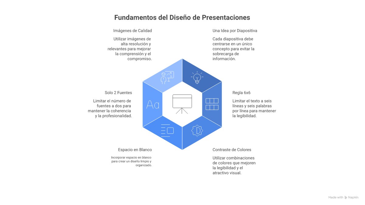 Infografía: 6 principios de diseño para presentaciones PowerPoint profesionales — una idea por diapositiva, regla 6x6, contraste, espacio en blanco, fuentes y imágenes
