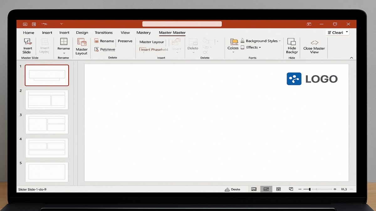 Vista del Patrón de diapositivas de PowerPoint con elementos de diseño corporativo, logo y paleta de colores configurados