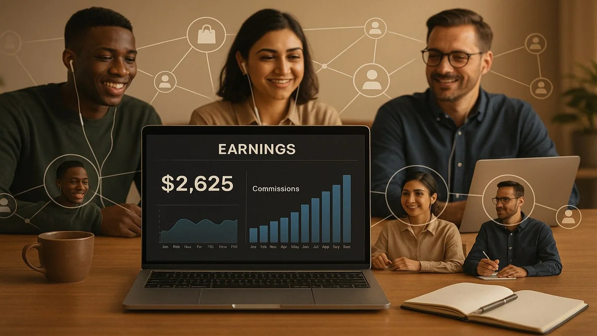 Persona trabajando desde casa con laptop revisando estadísticas de comisiones de afiliados en dashboard online
