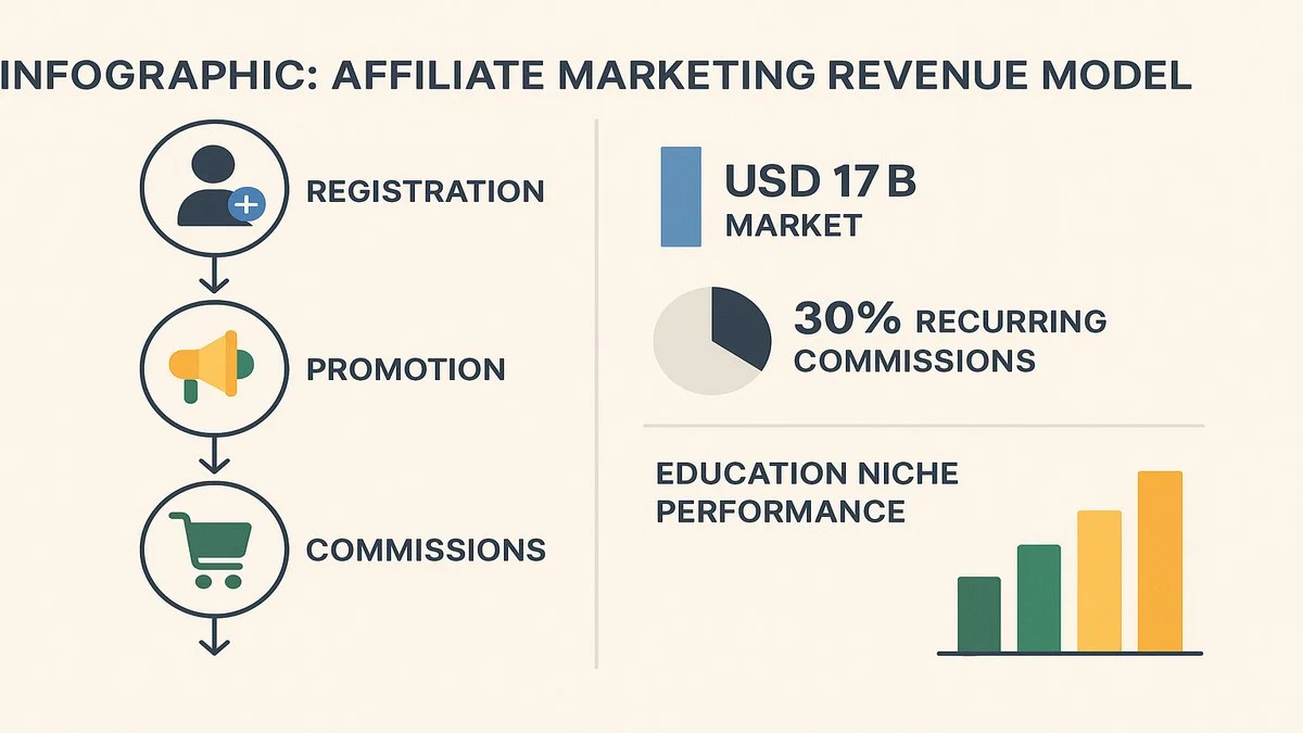 Infografía del programa de afiliados Aprender21: pasos registro, enlace único, promoción y cobro de comisiones