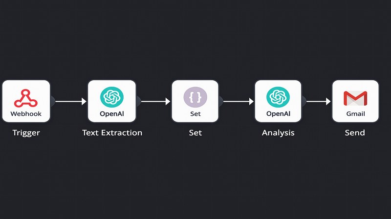 Captura de pantalla de n8n mostrando un workflow de prompt chaining con 5 nodos: webhook trigger, nodo OpenAI para extracción, nodo Set para formateo, nodo OpenAI para análisis y nodo Gmail para envío