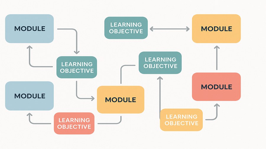 Mapa curricular de un curso online generado con IA mostrando módulos, objetivos de aprendizaje y secuencia pedagógica