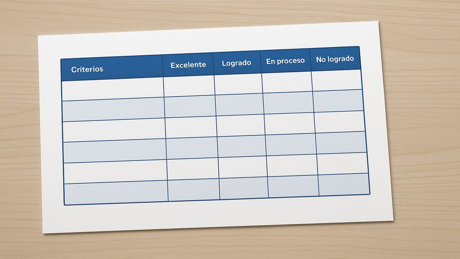 Rúbrica de evaluación educativa generada con IA mostrando criterios de desempeño con niveles Logrado, En proceso y No logrado
