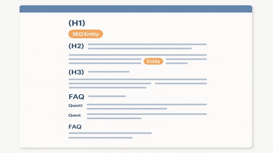 Estructura de artículo SEO generada con IA mostrando jerarquía H1 H2 H3 con cobertura semántica completa del tema