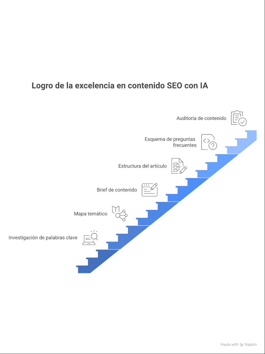 Infografía de prompt engineering para SEO: flujo de trabajo completo desde keyword research hasta publicación con prompts en cada etapa