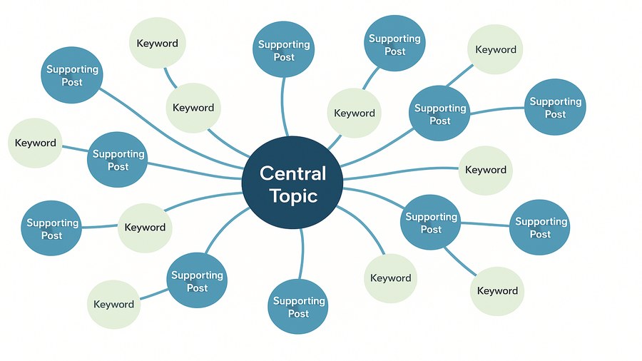 Diagrama de topical map generado con IA mostrando clusters de palabras clave alrededor de un tema principal