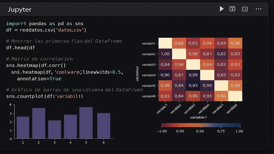 Código Python de análisis de datos generado por IA con pandas, matplotlib y scikit-learn ejecutándose en Jupyter Notebook