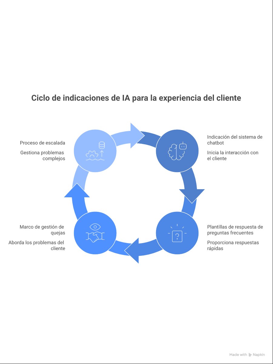 Infografía de prompts para atención al cliente: system prompt de chatbot, FAQs, manejo de quejas y escalaciones