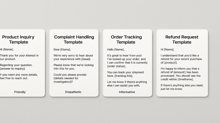 Templates de respuestas para atención al cliente mostrando diferentes tipos: consulta de producto, queja, seguimiento de pedido y solicitud de reembolso