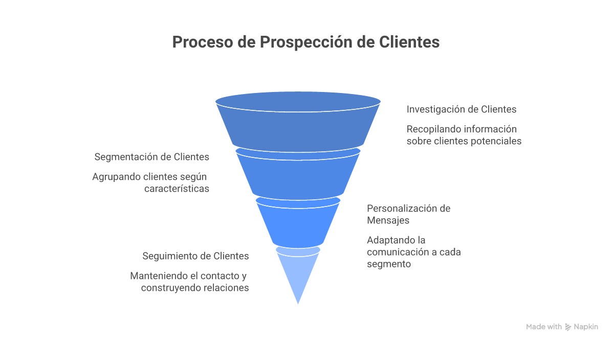 Infografía: proceso de prospección de clientes con ICP, canales, herramientas y métricas clave