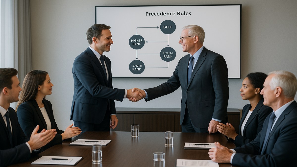 Diagrama de reglas de precedencia y orden de presentaciones en reuniones empresariales corporativas