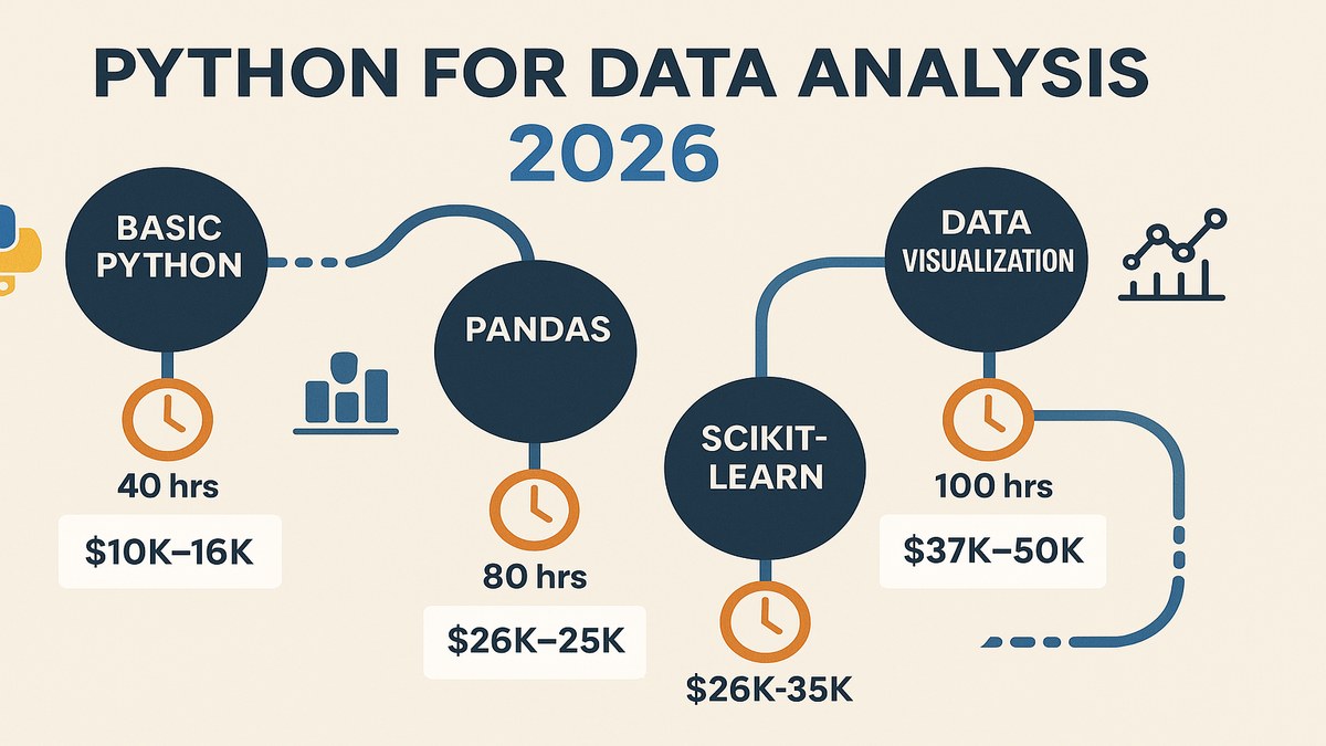 Infografía roadmap para aprender Python para análisis de datos en 2026: de Pandas básico a modelos Scikit-learn, con horas por nivel y salario estimado en LATAM