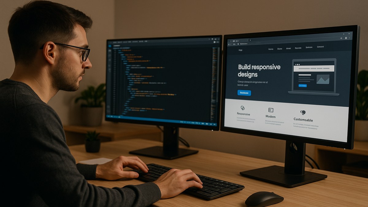 Desarrollador web escribiendo código HTML, CSS y JavaScript en pantalla doble con estructura de sitio web visible