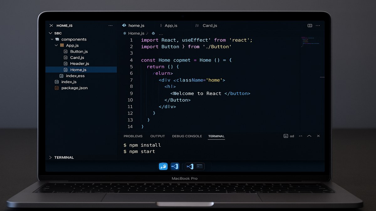 Pantalla de Visual Studio Code mostrando código React con componentes y props en colores sintácticos