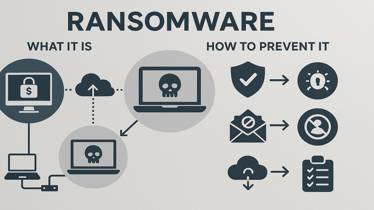 Diagrama de las 5 fases de un ataque de ransomware desde phishing hasta cifrado y rescate