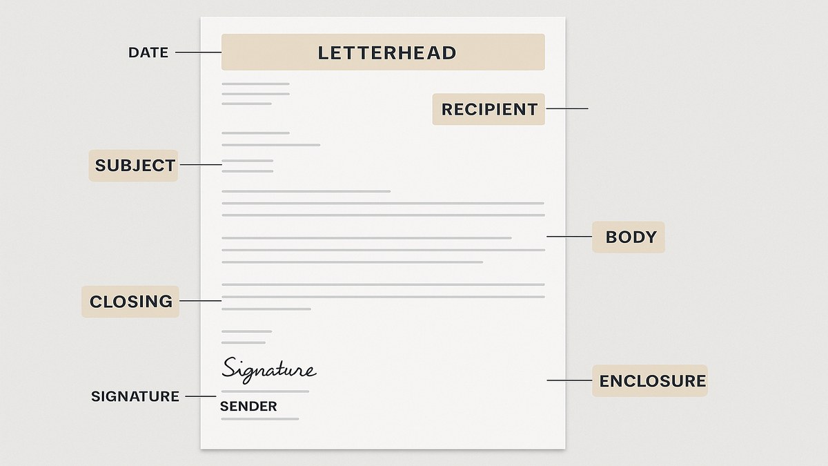 Diagrama de estructura de carta comercial formal con cada sección señalada y ejemplos