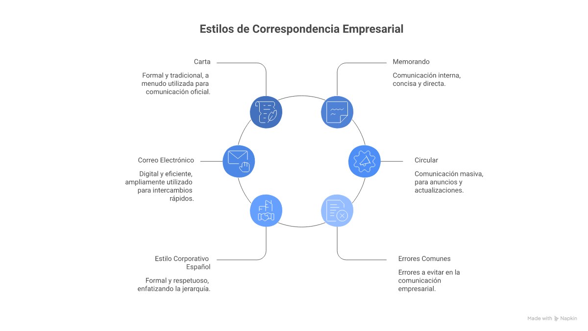 Infografía: tipos de correspondencia empresarial, normas de estilo y errores más comunes a evitar