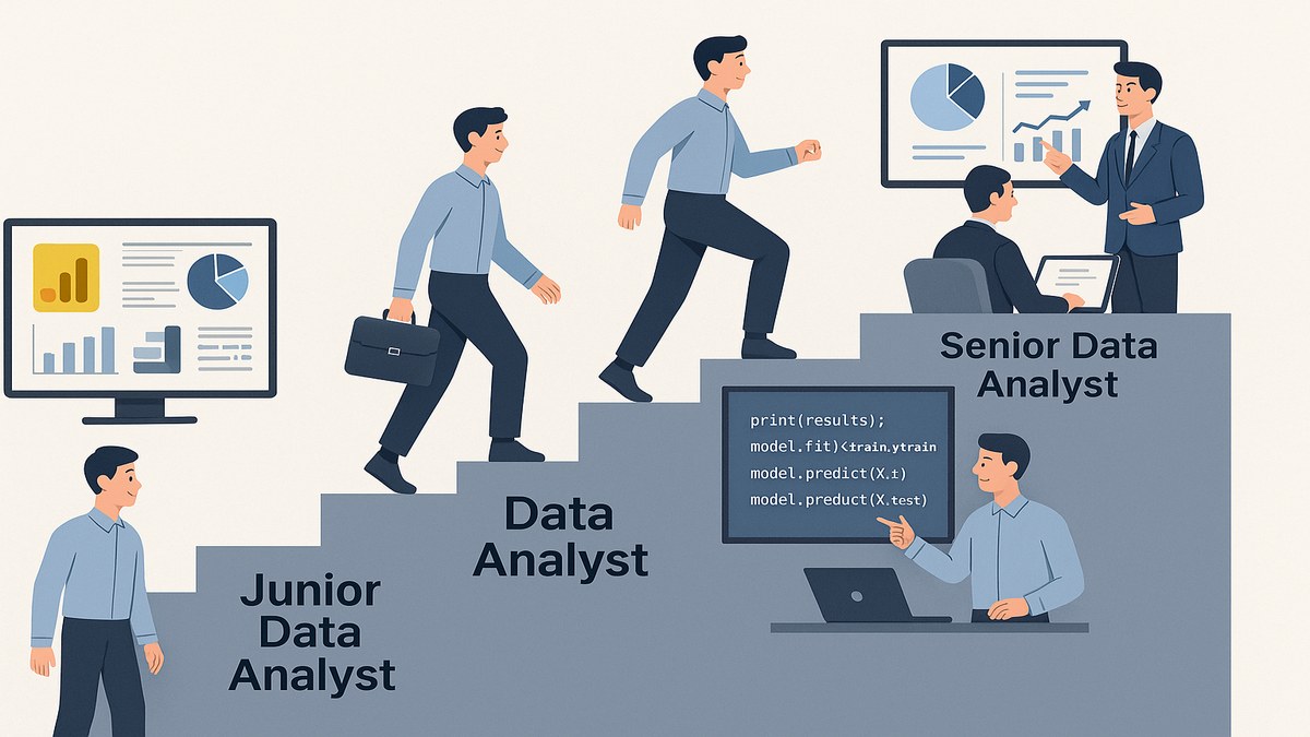 Escalera de carrera de analista de datos: junior con Excel y Power BI, senior con modelos Python ML y presentaciones a dirección