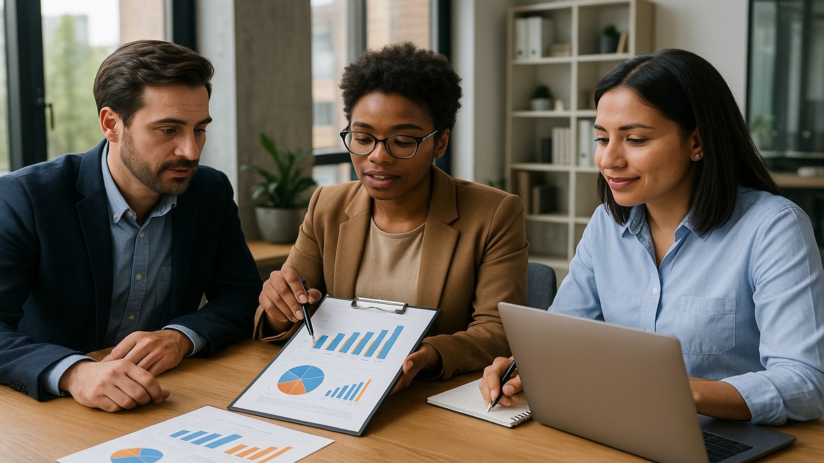 Equipo de RRHH revisando datos salariales por sector en informes impresos y una laptop