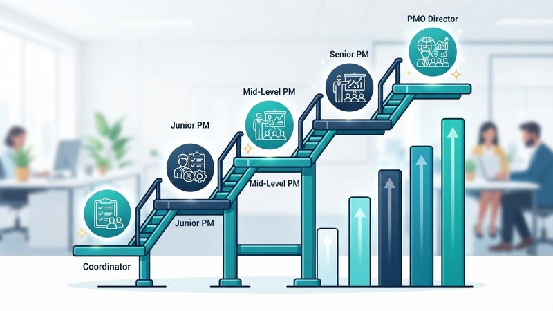 Escalera de progresi&oacute;n profesional con cinco pelda&ntilde;os: coordinador, PM junior, PM mid-level, PM senior y director de PMO