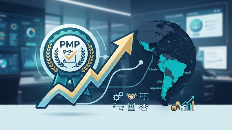 Insignia de certificaci&oacute;n PMP con una flecha ascendente de salario sobre un mapa de Latinoam&eacute;rica