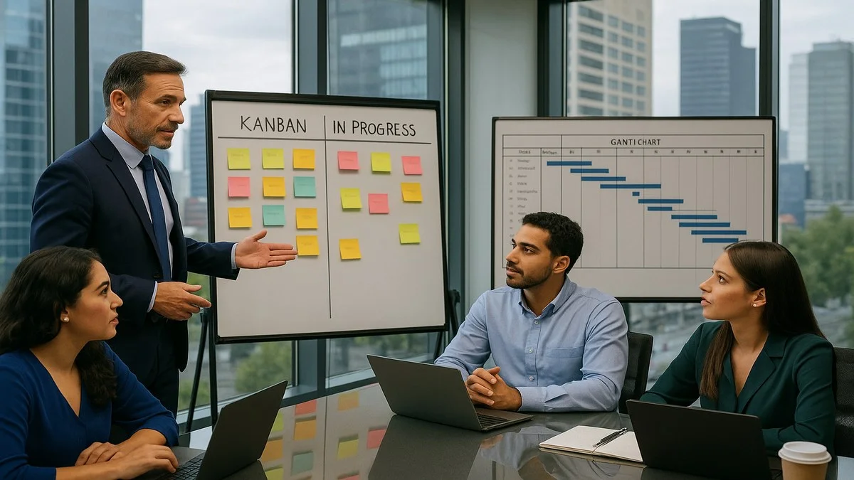 Project manager en M&eacute;xico 2026 revisando tablero Kanban en CDMX