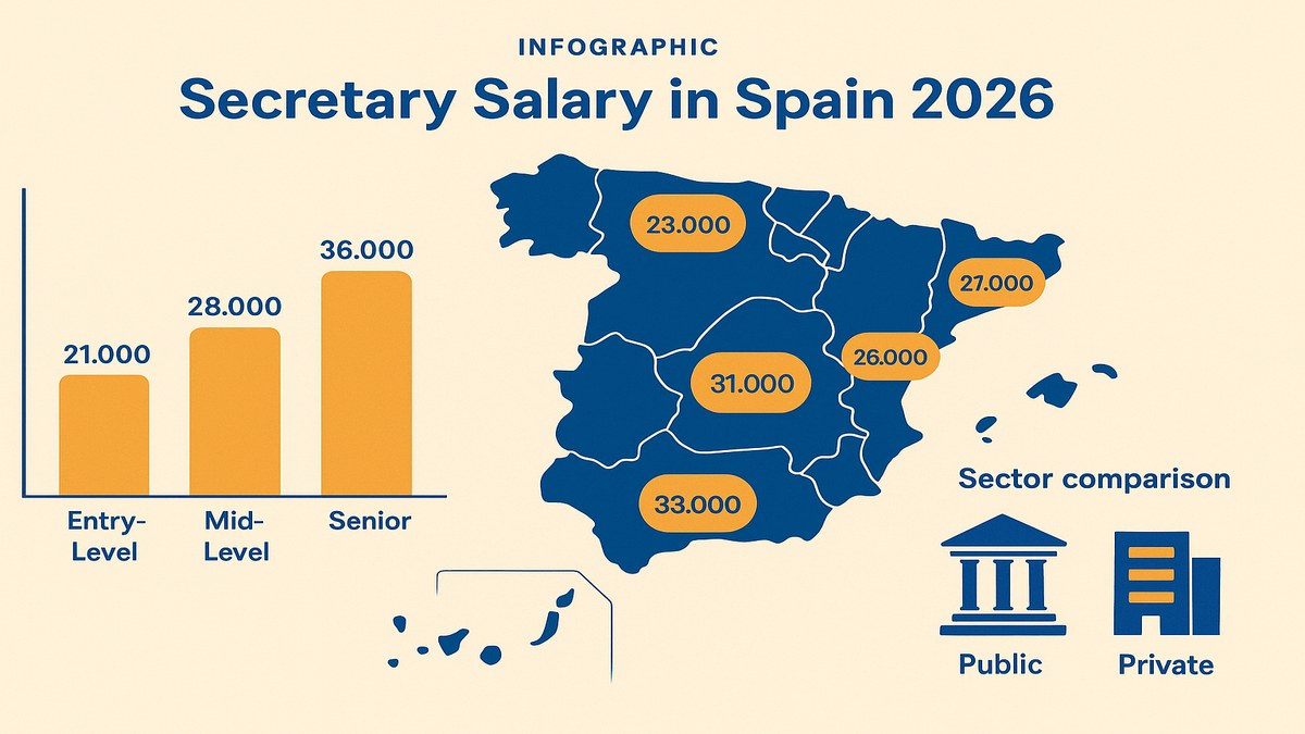 Infograf&iacute;a salario secretaria Espa&ntilde;a 2026 por nivel y comunidad aut&oacute;noma