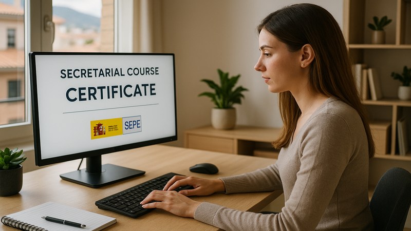 Estudiante de secretariado completando formaci&oacute;n online con certificado SEPE en Espa&ntilde;a 2026