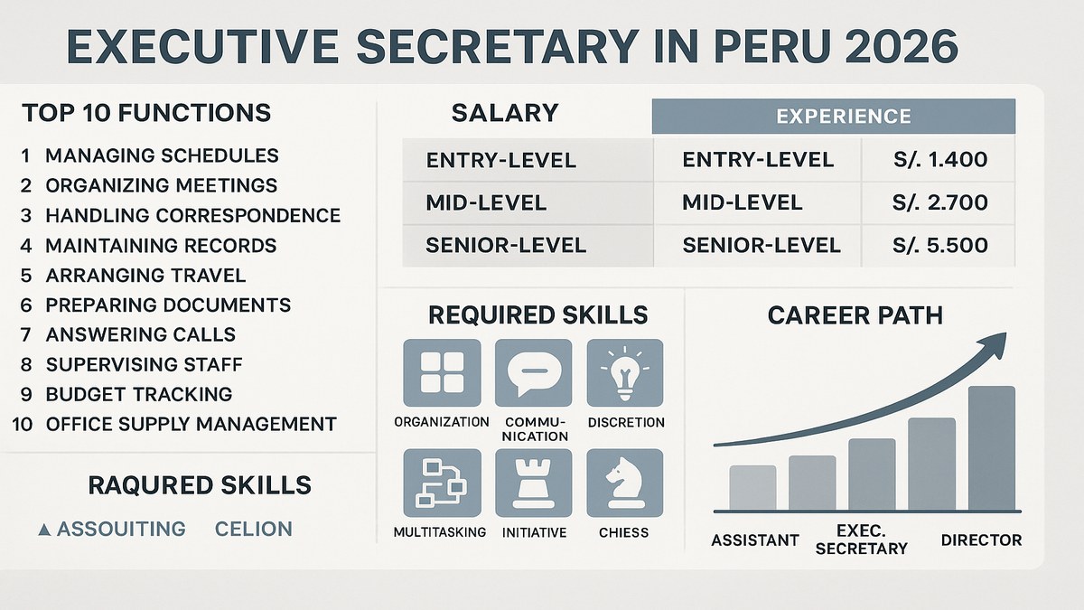 Gráfico de progresión profesional y crecimiento salarial para secretaria ejecutiva en Perú