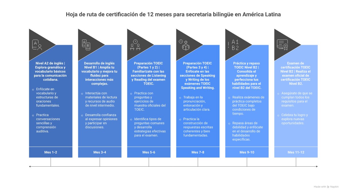 Infografía: ruta de certificación en inglés para secretarias bilingües en LATAM 2026
