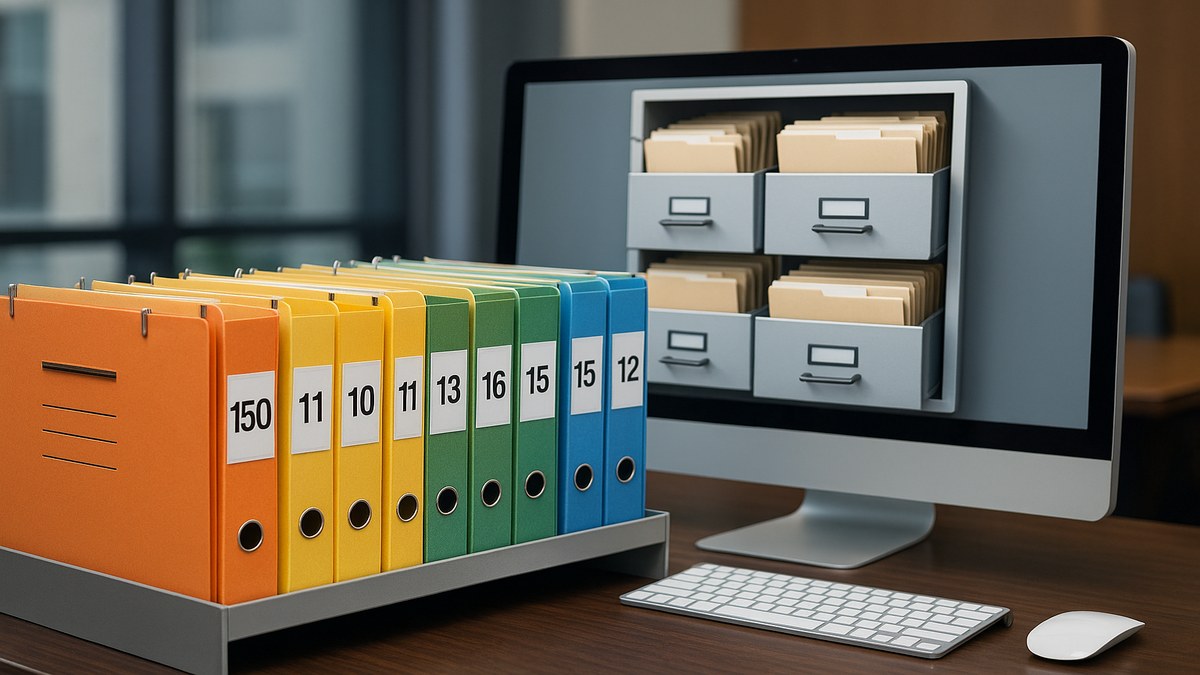 Sistema de gestión de expedientes jurídicos con colores y numeración en estudio de abogados organizado