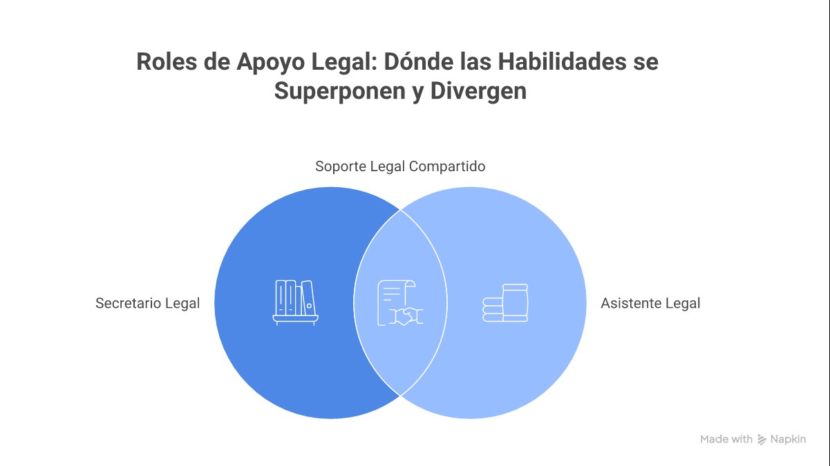 Infografía: funciones de la secretaria jurídica vs paralegal y vocabulario legal esencial en LATAM