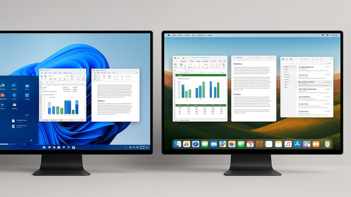 Comparación de interfaces de Windows 11 y macOS Sequoia en dos monitores con escritorios organizados y barras de tareas visibles