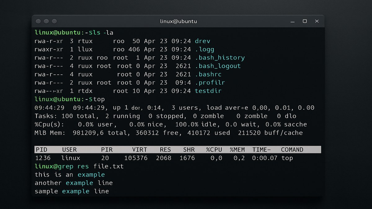 Terminal de Linux Ubuntu mostrando comandos básicos ls, cd, grep, chmod con salidas de texto en fondo negro