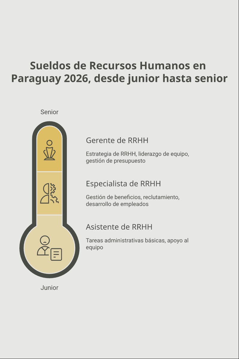 Esquema que detalla la estructura salarial en guaraníes, el nivel de experiencia requerido y las especialidades clave dentro del sector de Recursos Humanos en Paraguay.