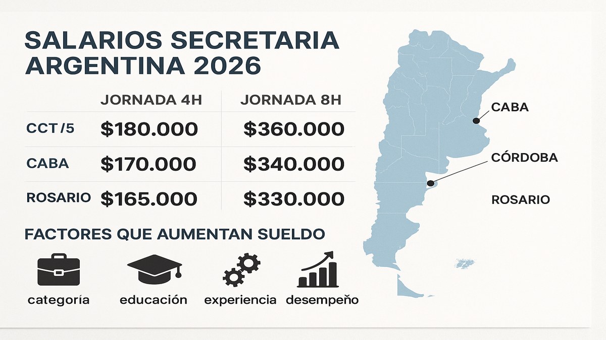 Infografía: sueldo secretaria Argentina 2026 por jornada laboral, ciudad y categoría CCT 130/75