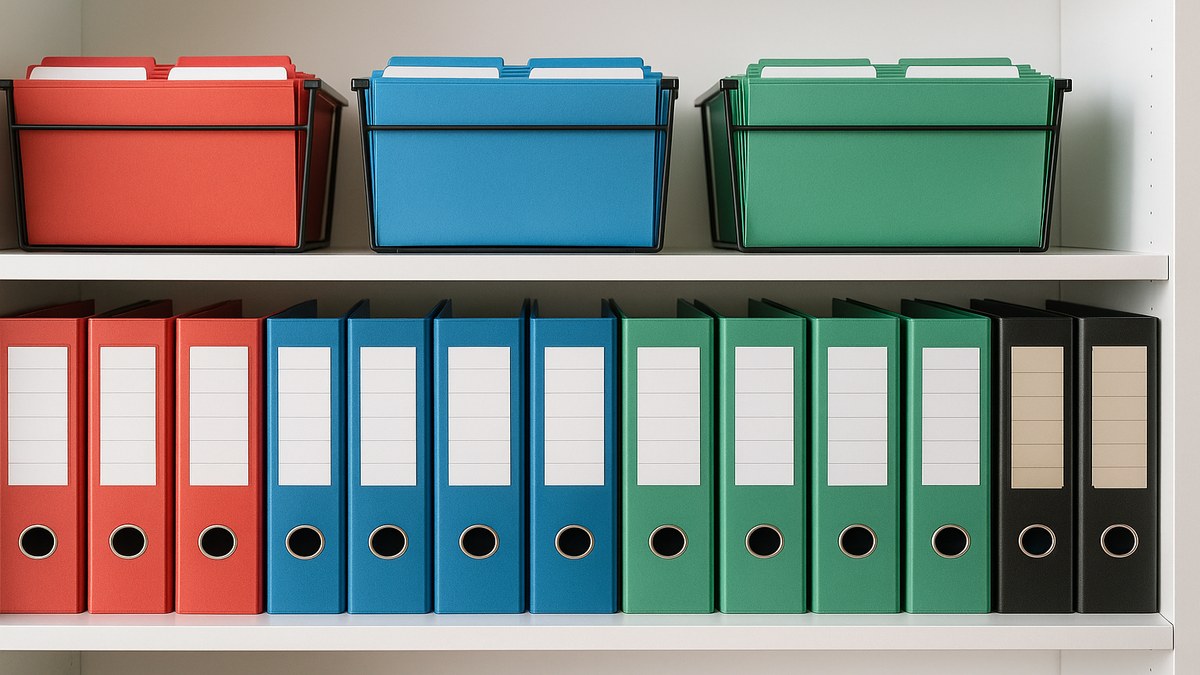 Sistema de carpetas físicas con etiquetas, divisores y colores para gestión documental en oficina